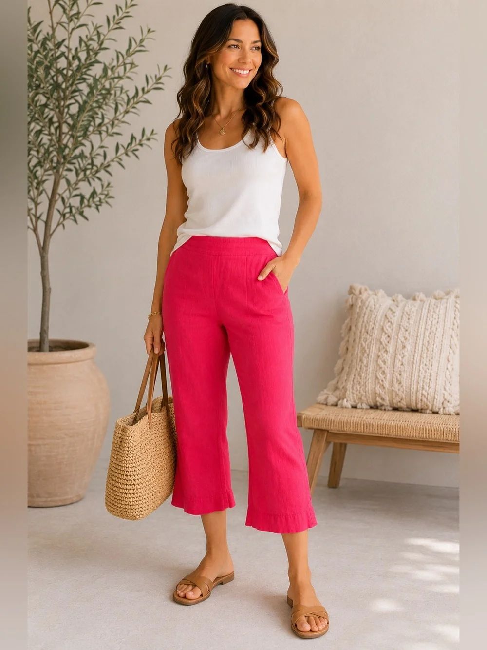 Cartonnier Anthropologie Hot Pink Linen Blend Crop Pants Large Pull On Ankle